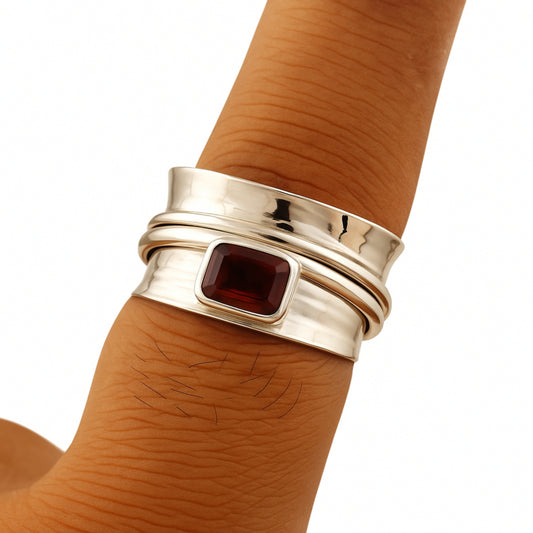Garnet Ring, 925 Solid Silver, Garnet Spinner Ring, Meditation Ring, Birthstone Ring